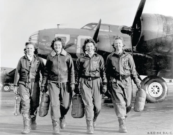 Oregon's Blanch Osborn, at right, walking from a B-17 with her fellow WASP pilots