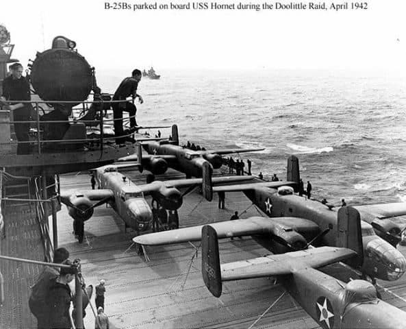 B-25 bombers parked on the flight deck of the USS Hornet before the Doolittle Raid, April 1942