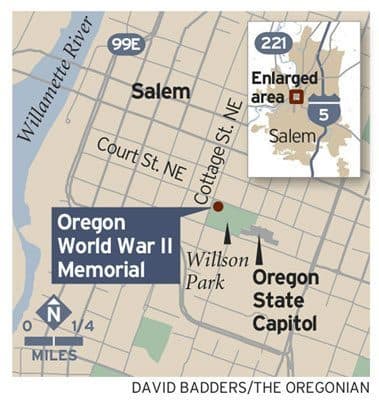 Map showing the memorial's location beside the Oregon State Capitol in Salem