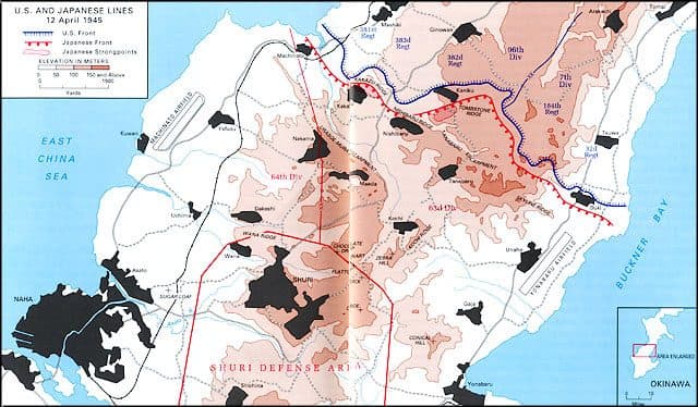 A wartime operations map showing American and Japanese lines