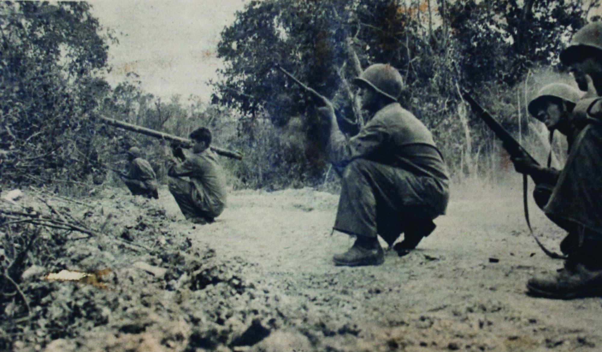 A soldier crouched with his rifle in heavy jungle undergrowth